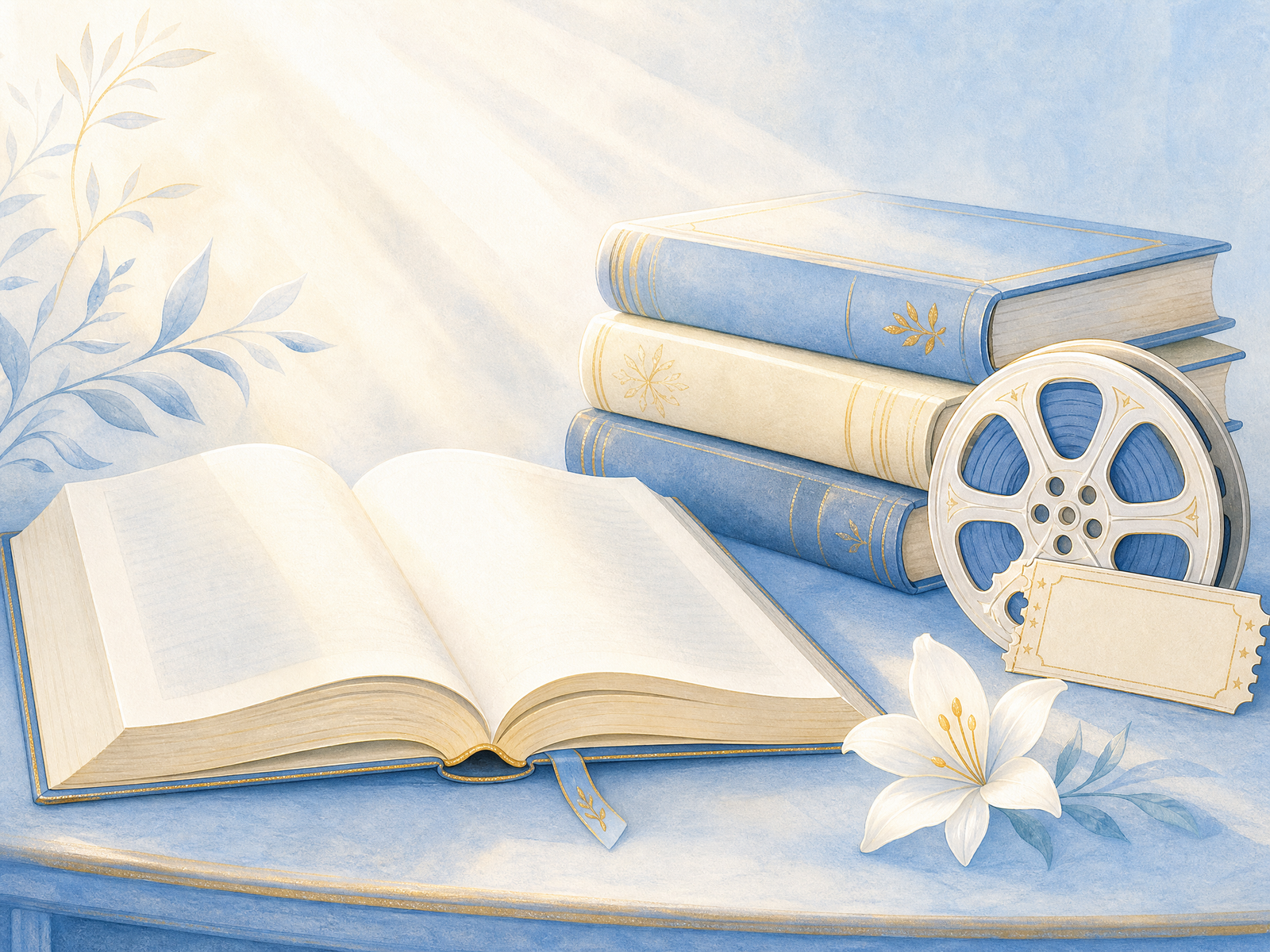Livro aberto e elementos de cinema em uma mesa clara