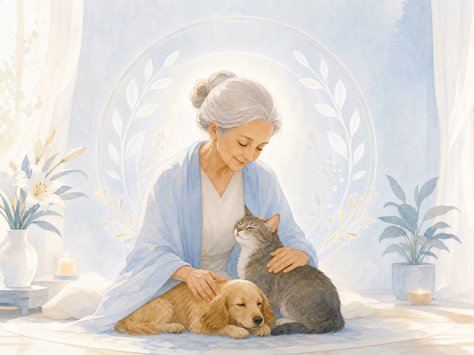 Pessoa acolhendo um cachorro e um gato em um ambiente sereno